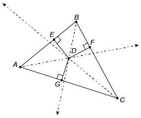 Ad , bd, and cd are angle bisectors of the vertex angles of △ abc. ag=5 meters and ad=13 meters.