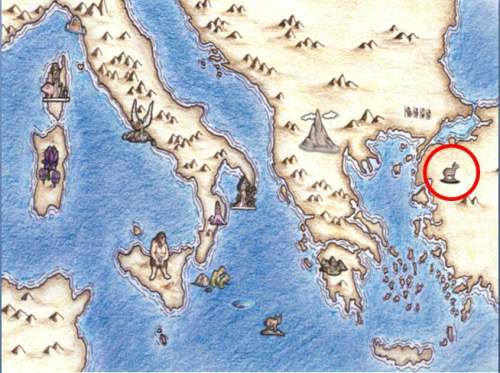 On the map above of odysseus’ travels, which location is symbolized by the circled item?  a.&lt;