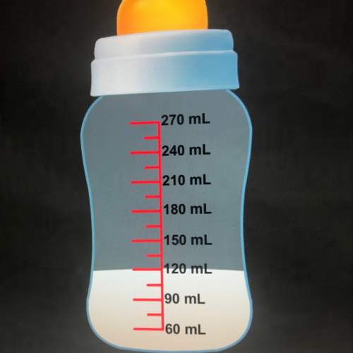 When cam’s baby brother started drinking, this bottle held 270 milliliters of milk. how much did the