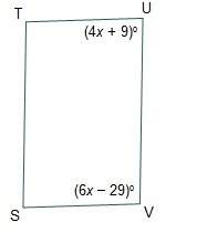 Figure tuvs is a parallelogram. which angles equal 91°?  angles t and v