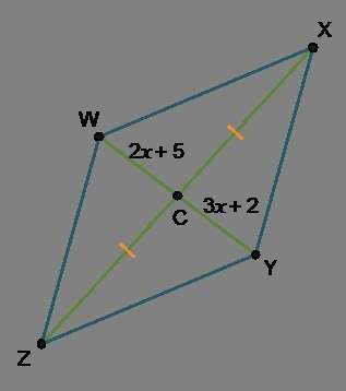 In quadrilateral wxyz, wc = 2x + 5 and cy = 3x + 2. what must x equal for quadrilateral wxyz to be a