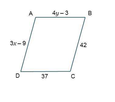 Use parallelogram abcd. what are the values of x and y?  x =  y =