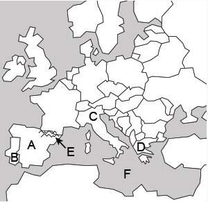 Which country on the map is represented by the letter c?