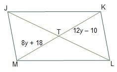 Figure jklm is a parallelogram. the measures of line segments mt and tk are shown. what