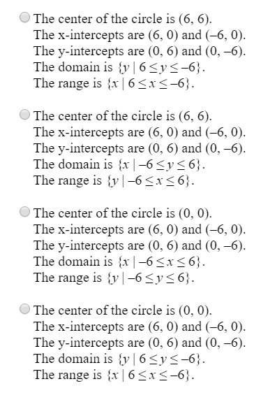Identify the center and intercepts of the conic section. then find the domain and range.