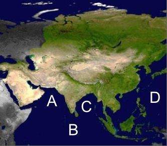 Where is the bay of bengal located on the map above? a. letter a b. letter b c. letter c d. letter
