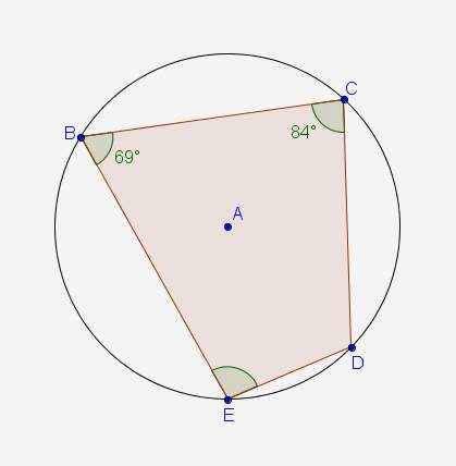 "quadrilateral bcde is inscribed in circle a as shown in the picture. what is m∠e? "