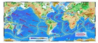 This map uses red arrows to show the direction and magnitude of tectonic plate movement. predi