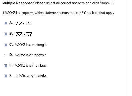 If wxyz is a square, which statements must be true? check all that apply. me