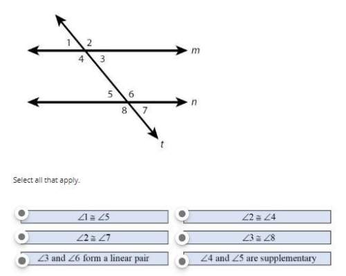 Parallel lines m and n are cut by transversal t. which statements are true?
