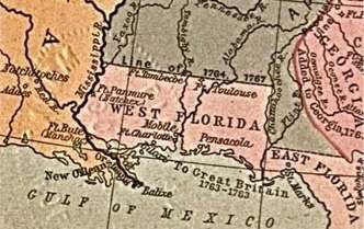 Use the map to answer the question. old map showing west florida, the panhandle, and east florida, t
