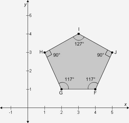 Polygon abcde rotates 45° clockwise about point f to form polygon fghij, shown in the figure. find t