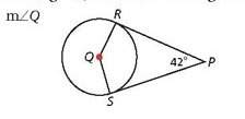 Pr and ps are tangent to center q. find the measurement of angle q