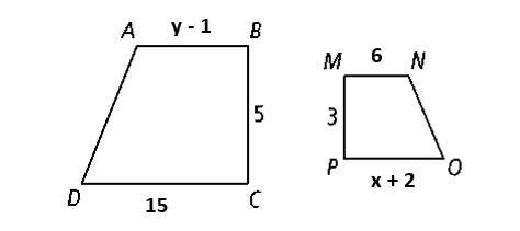 11. the polygons are similar, but not necessarily drawn to scale. find the values of x and y.&lt;