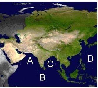 Where is the bay of bengal located on the map above? a.letter ab