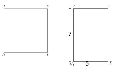 The picture shows square jklm and the dimension of rectangle rstu. if the perimeters of