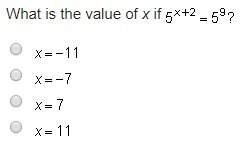 What is the value of x if 5x+2=5^9