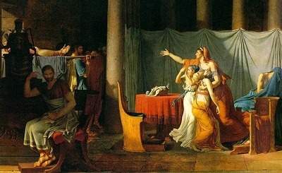 Look at the painting the lictors bring to brutus the bodies of his sons by jacques-louis david (1789