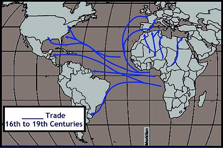 Use this map to answer the following question: this is a map of the world titled trade routes from