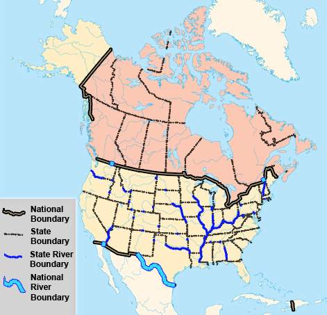 Which of the following is a true statement about the map?  the border between canada and