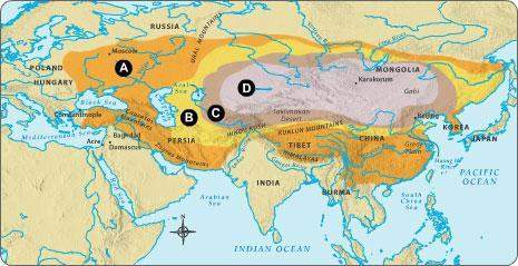 which letter indicates the area that represents the size of the mongol empire at its gre