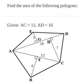 Find the area of the following polygon given: ac = 12, ad = 16