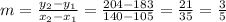 m = \frac{y_2 - y_1}{x_2 - x_1} = \frac{204 - 183}{140 - 105} = \frac{21}{35} = \frac{3}{5}