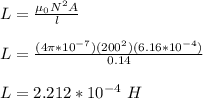 L = \frac{\mu_0 N^2A}{l} \\\\L =  \frac{(4\pi*10^{-7})(200^2)(6.16*10^{-4})}{0.14}\\\\L = 2.212*10^{-4} \ H