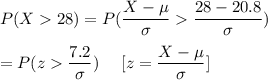 P(X28)=P(\dfrac{X-\mu}{\sigma}\dfrac{28-20.8}{\sigma})\\\\= P(z\dfrac{7.2}{\sigma})\ \ \ \ [z=\dfrac{X-\mu}{\sigma}]
