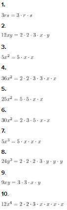 PLEASE HELP

Directions: Simplify each term by factoring.
1. 9rs
2. 14xy
3. 5x2
4. 32x2
5. 20x2
6. 3