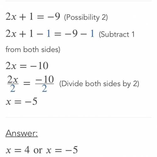 What is the solution set of the equation below?
|2x + 1| = 9