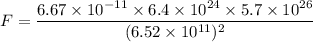 F=\dfrac{6.67\times10^{-11}\times6.4\times10^{24}\times5.7\times10^{26}}{(6.52\times10^{11})^{2}}