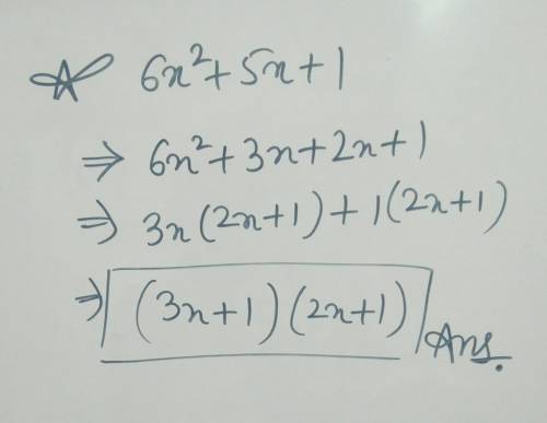 1. 6x^2+5x+1 a. (3-+1)(2x-1) b. (3x+1)(2x-1) c. (3x-1)(2x+1) d. (3x+1)(2x+1)