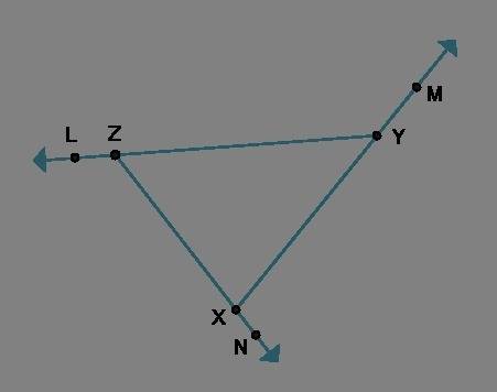 Analyze the diagram to complete the statements. the m∠mxn is the m∠yzx. the m∠lzx is the m∠zyx + m∠y