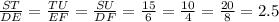 \frac{ST}{DE} = \frac{TU}{EF} = \frac{SU}{DF} = \frac{15}{6} = \frac{10}{4} = \frac{20}{8} = 2.5