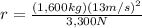 r = \frac{ (1,600kg)(13m/s)^{2} }{3,300N} 