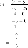 \begin{aligned}m&=\frac{y_2-y_1}{x_2-x_1}\\&=\frac{4-0}{-3-0}\\&=\frac{4}{-3}\\&=-\frac{4}{3}\end{aligned}