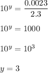 10^y=\dfrac{0.0023}{2.3}\\\\10^y=1000\\\\10^y=10^3\\\\y=3