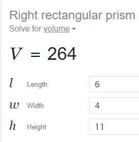 Find the volume of a rectangle prism with length 4 m width 6 mans height 11 m.