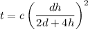 $t=c\left(\frac{dh}{2d+4h}\right)^2$