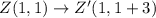 Z(1,1)\to Z'(1,1+3)