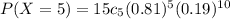 P(X=5)=15c_5(0.81)^5(0.19)^{10}
