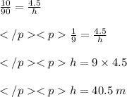 \frac{10}{90}= \frac{4.5}{h}\\\\\frac{1}{9}= \frac{4.5}{h}\\\\h = 9\times 4.5\\\\h = 40.5\:m\\