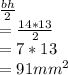 \frac{bh}{2} \\=\frac{14*13}{2} \\=7*13\\=91 mm^2