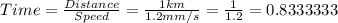 Time=\frac{Distance}{Speed} =\frac{1km}{1.2mm/s}=\frac{1}{1.2}=0.8333333