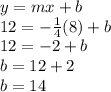 y=mx+b\\12=-\frac{1}{4} (8)+b\\12=-2+b\\b=12+2\\b=14