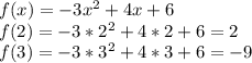 f(x) = -3x^{2} +4x+6\\f(2) = -3*2^{2} +4*2+6=2\\f(3) = -3*3^{2} +4*3+6=-9\\