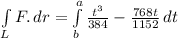 \int\limits_L {F} .\, dr = \int\limits^a_b {\frac{t^{3}}{384}- \frac{768t}{1152} } \, dt