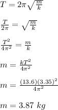 T = 2\pi \sqrt{\frac{m}{k} }\\\\\frac{T}{2\pi} = \sqrt{\frac{m}{k} }\\\\\frac{T^2}{4\pi^2}= \frac{m}{k}\\\\m = \frac{kT^2}{4\pi^2}\\\\m = \frac{(13.6)(3.35)^2}{4\pi^2}\\\\m = 3.87 \ kg