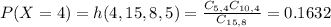 P(X = 4) = h(4,15,8,5) = \frac{C_{5,4}C_{10,4}}{C_{15,8}} = 0.1632